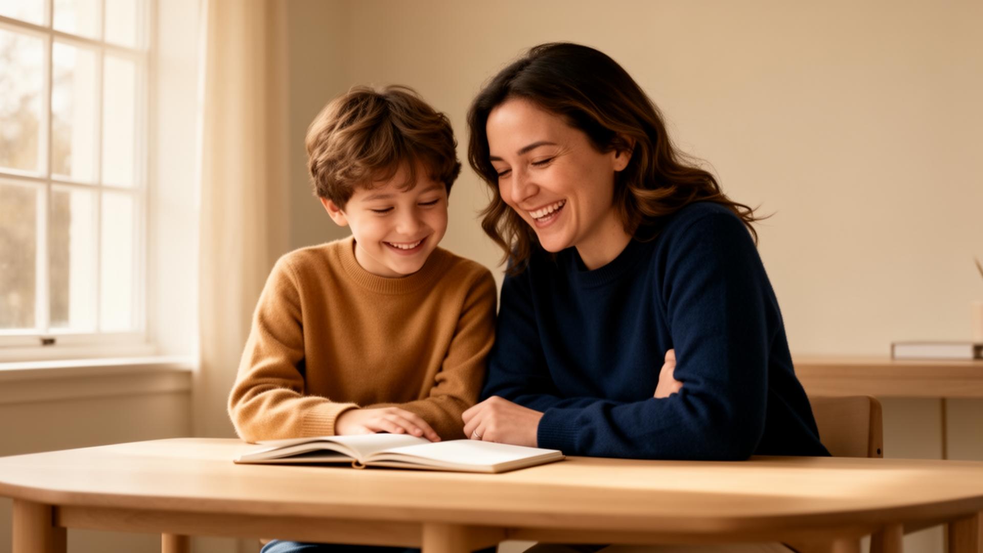 A parent and child smiling together at a wooden desk with an open notebook