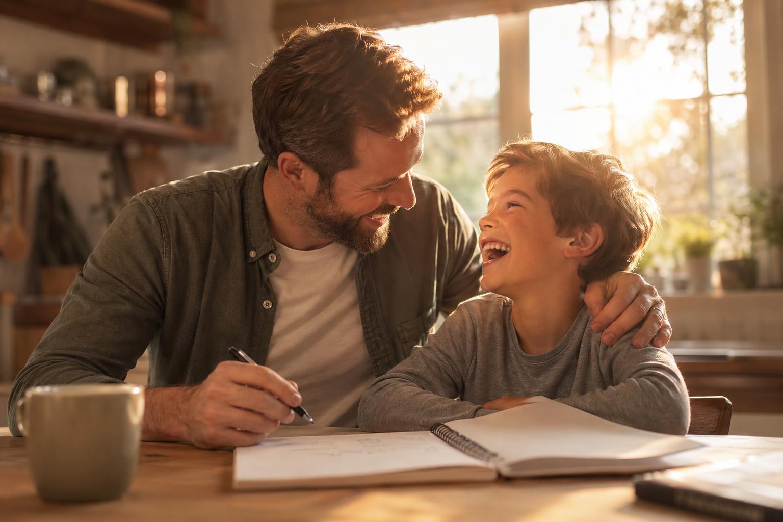 A dad and his son laughing together over an open notebook