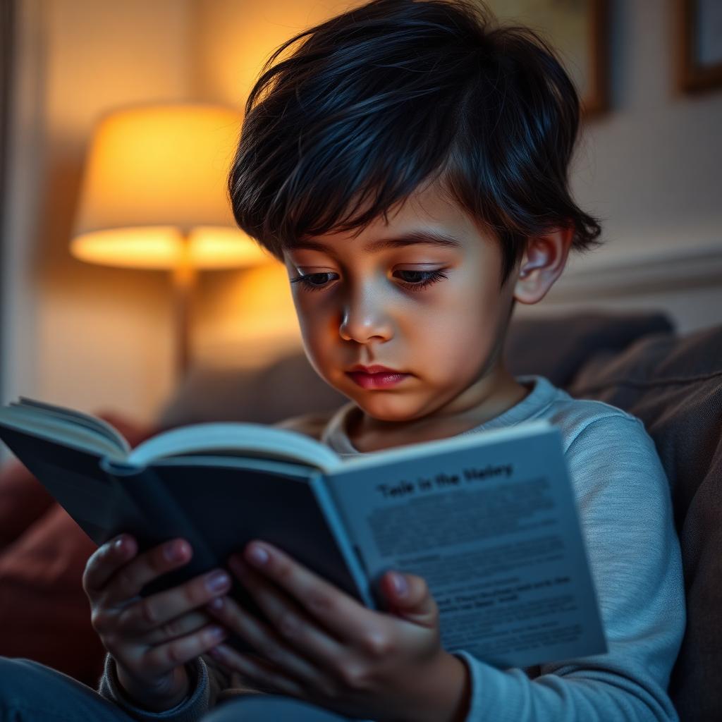 A curious child reading a book under warm lamp light