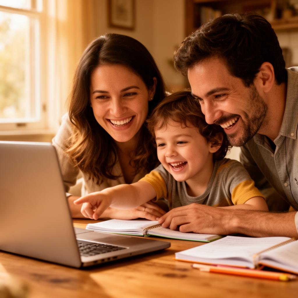 A happy family learning together during homework in front of a laptop