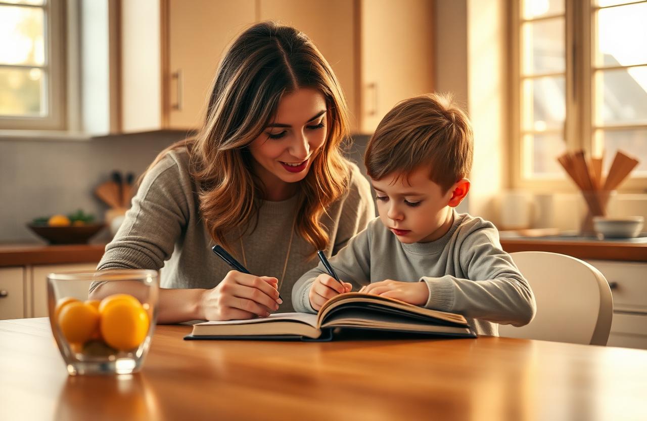 A mother gently guiding her daughter through a math problem