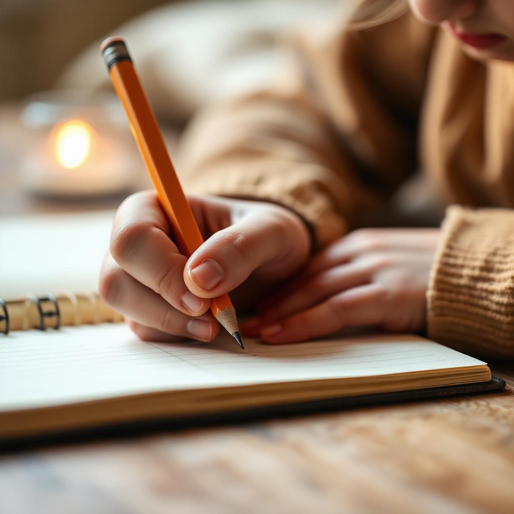 A child's hand writing in a journal