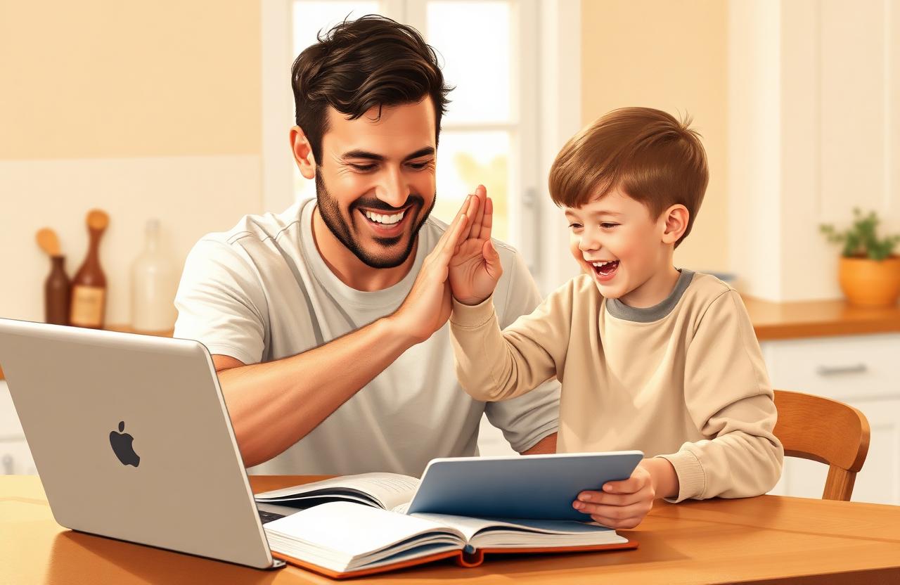 A father and son high-fiving after solving homework