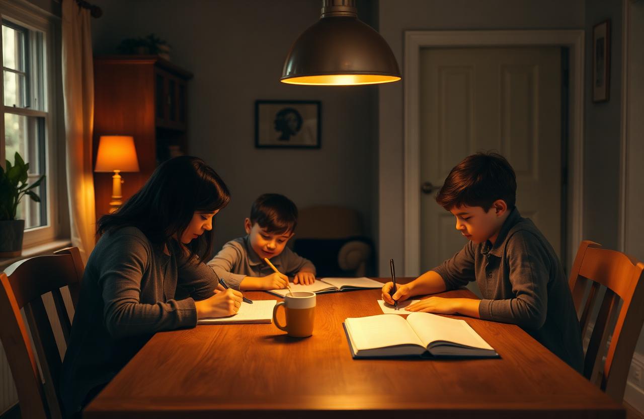 A calm family doing homework together at the kitchen table
